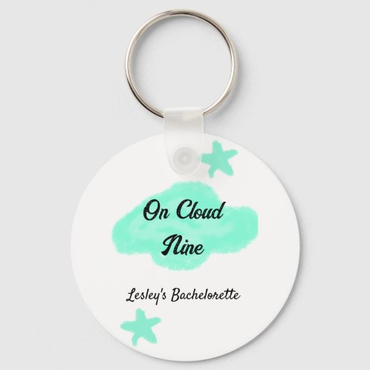 ハートの雲の上でパステルグリーンの雲と星の独身最後の夜 キーホルダー (正面)