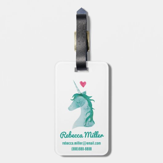 ハートの青いユニコーンの魔法 ラゲッジタグ (裏面縦)