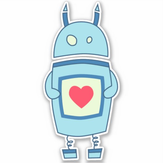 ハートの青くかわいい漫画のロボット シール (正面)