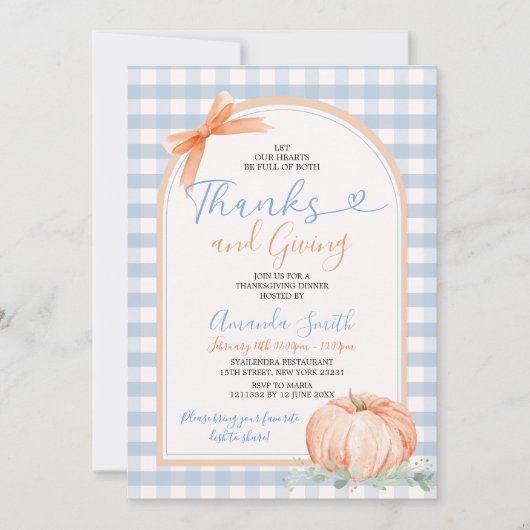 ハートの青感謝していい与えジンガム・ディナー 招待状 (正面)