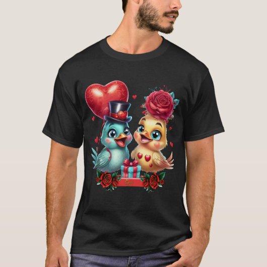 ハートの風船とバラの魔法：羽毛の生えたロマンス Tシャツ (正面)