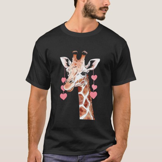 ハートの風船と水彩デザインのキリン Tシャツ (正面)