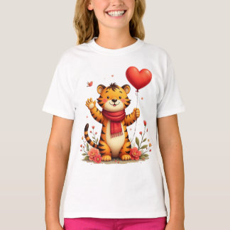 ハートの風船を持った幸せな虎 Tシャツ