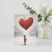 ハートの風船を持つ子供、かわいい冬のシーン ポストカード (スタンド正面)