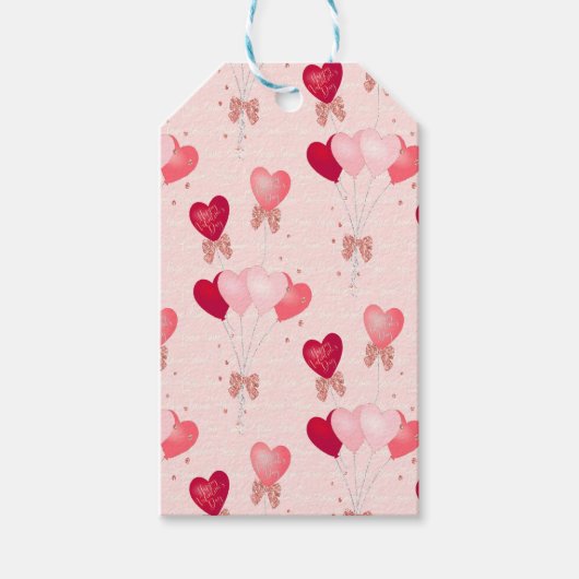 ハートの風船、赤とピンク、バレンタインデーの幸せなメッセージ ギフトタグ (正面)