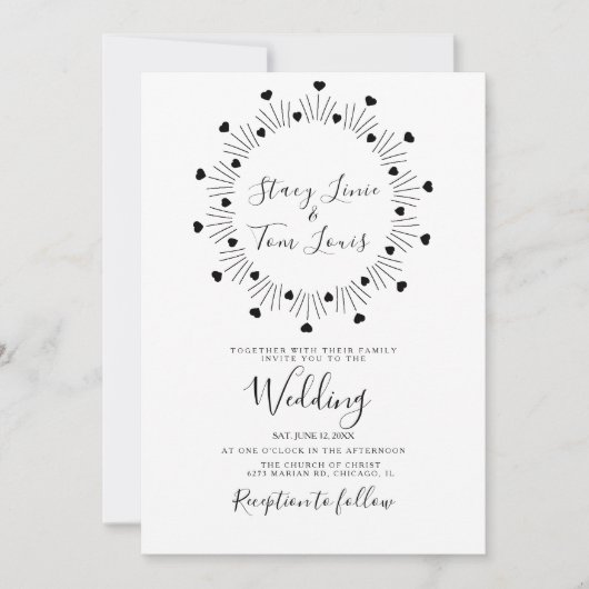 ハートの黒い手で描いた円形の枠結婚枠 招待状 (正面)