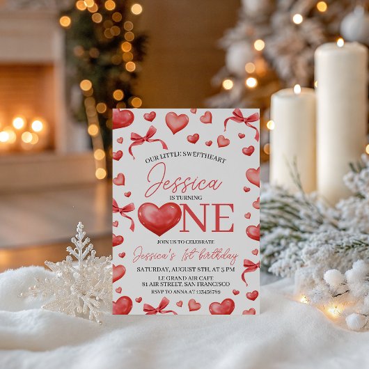 ハートの1歳誕生日招待状 招待状