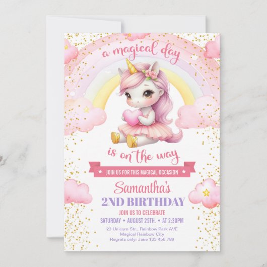 ハートの1歳誕生日 ピンクとゴールドのチュチュユニコーン 招待状 (正面)