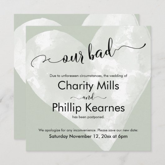 ハートのSage Green私たちの悪い延期結婚のカード (正面/裏面)