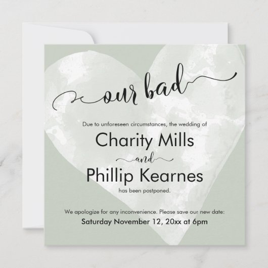 ハートのSage Green私たちの悪い延期結婚のカード (正面)