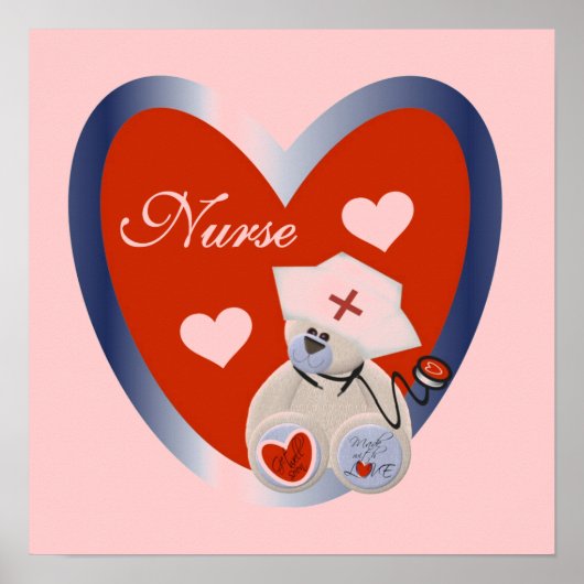 ハートのTシャツおよびギフトを持つナースくま ポスター (正面)
