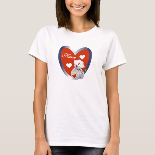 ハートのTシャツおよびギフトを持つナースくま Tシャツ (正面)
