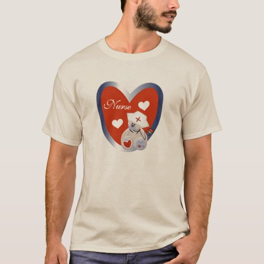 ハートのTシャツおよびギフトを持つナースくま Tシャツ (正面)