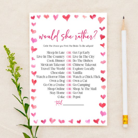 ハートのWould She Rather(どちらがいい？) 結婚式前ウェディングシャワーゲーム  便箋