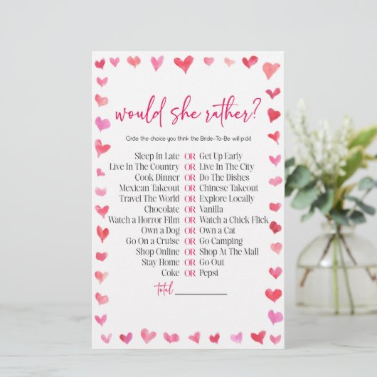 ハートのWould She Rather(どちらがいい？) 結婚式前ウェディングシャワーゲーム  便箋 (スタンド正面)