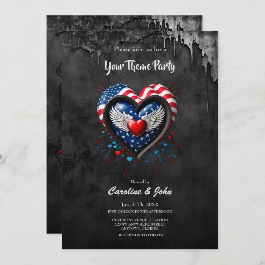 ハートはアメリカ国旗の色で。 招待状 (正面/裏面)