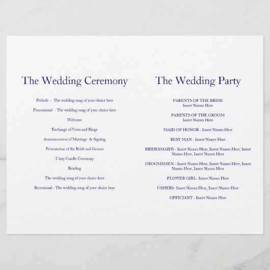 ハートはダークブルーの結婚式のプログラムを結ぶ (裏面)