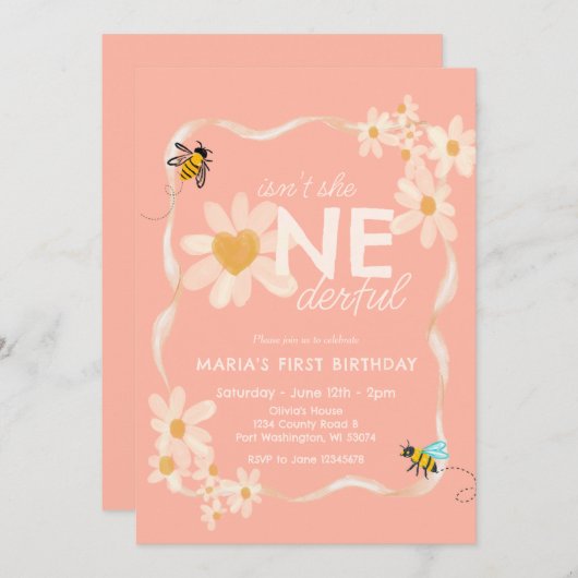 ハートは彼女のワンダーフルデイジー最初の誕生日 招待状 (正面/裏面)