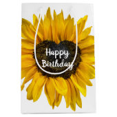 ハートひまわりオンホワイト誕生日 ミディアムペーパーバッグ (正面)