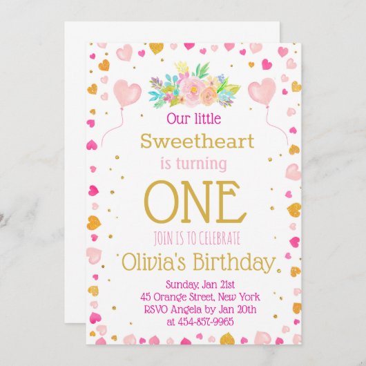 ハートまたはバレンタイン誕生日かわいい 招待状 (正面/裏面)