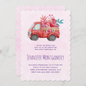 ハートや花を運ぶかわいいラバートラック 招待状 (正面/裏面)