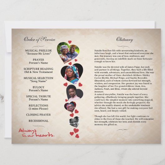 ハートをテーマにしたベージュグランジの葬儀テンプレート (裏面)