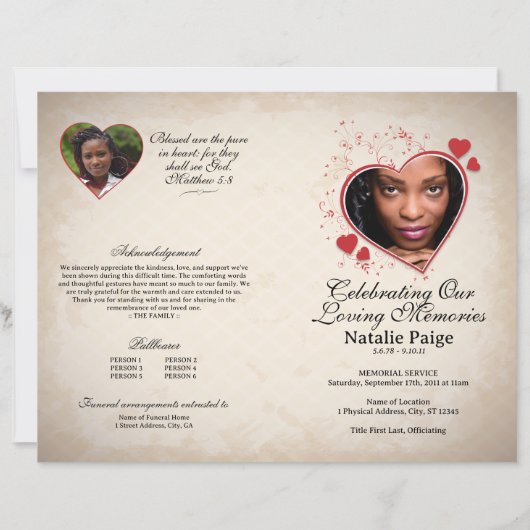 ハートをテーマにしたベージュグランジの葬儀テンプレート (正面)