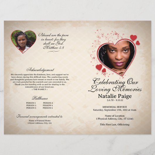 ハートをテーマにしたベージュグランジ葬儀プログラム チラシ (正面)