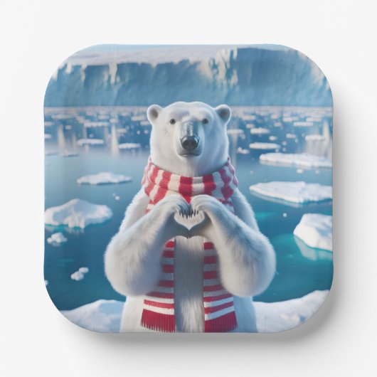 ハートを作るパウを持つホッキョクグマ ペーパープレート (正面)