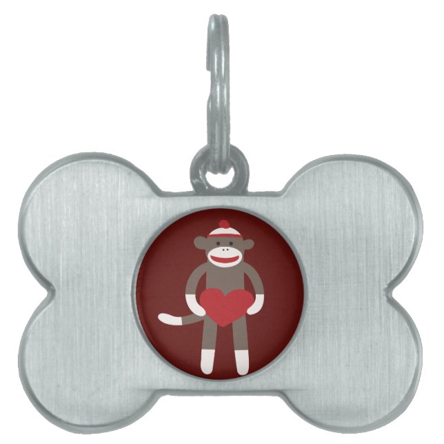 ハートを保持する帽子を持つかわいいソックス猿 ペットネームタグ (正面)