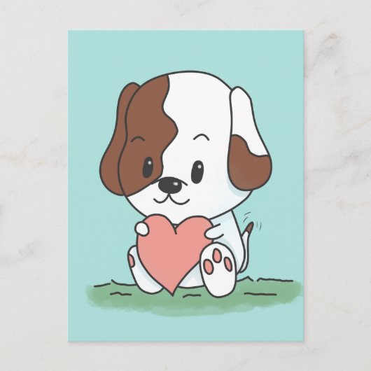 ハートを持つかわいいキャラクターの子犬 ポストカード (正面)