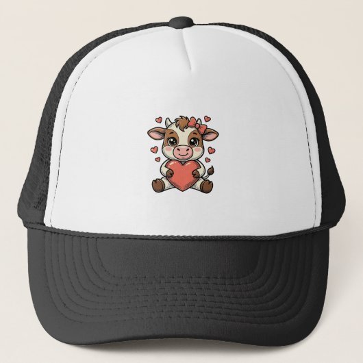 ハートを持つかわいい子牛 ビンテージ風彫刻Tシャツ キャップ (正面)