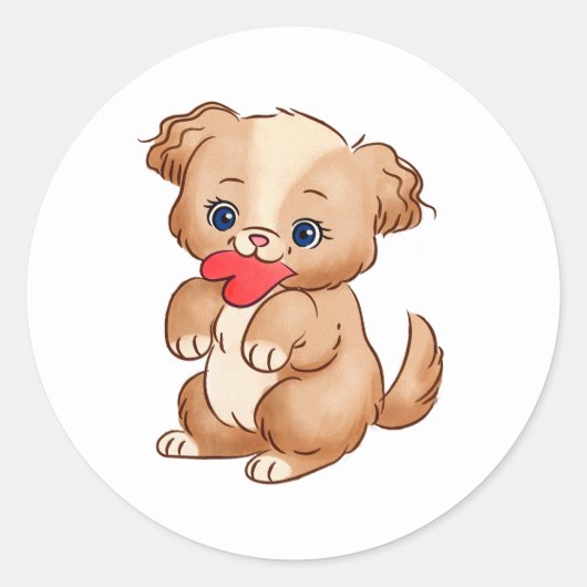 ハートを持つかわいい子犬ステッカー | 愛犬家デカール ラウンドシール (正面)