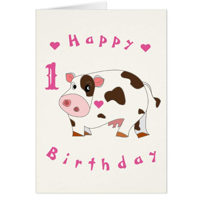 ハートを持つかわいい牛の1歳の誕生日カード (正面)