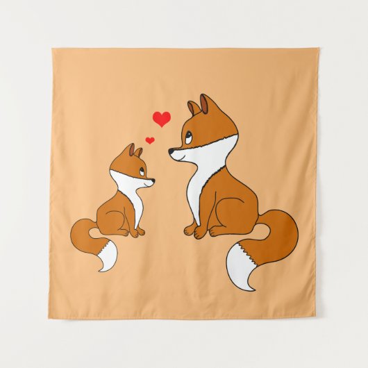 ハートを持つかわいい狐たち、手描き タペストリー (正面)