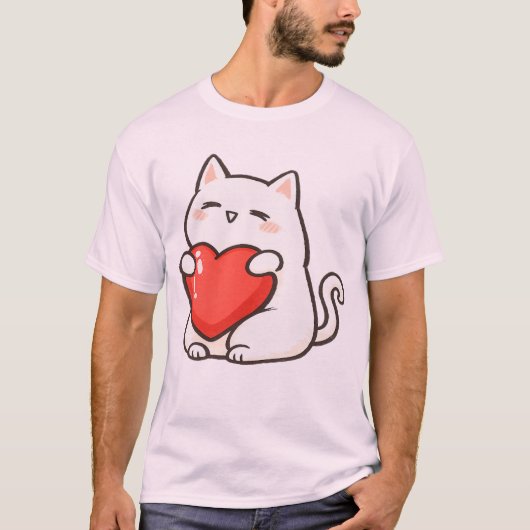 ハートを持つかわいい猫 Tシャツ (正面)