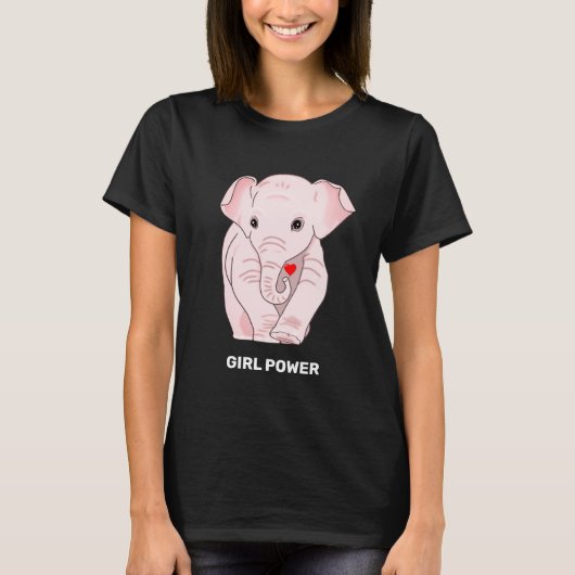 ハートを持つガールパワーピンクの象 Tシャツ (正面)