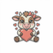 ハートを持つキュートな子牛 ビンテージ風彫刻Tシャツ シール (正面)
