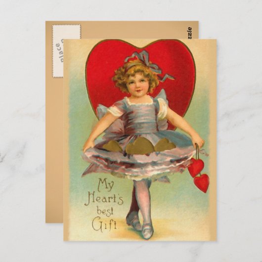 ハートを持つヴィンテージの女の子 ポストカード (正面/裏面)