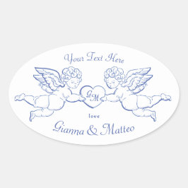 ハートを持つ天使のカップル ラブラブ カップルのイニシャル 楕円形シール