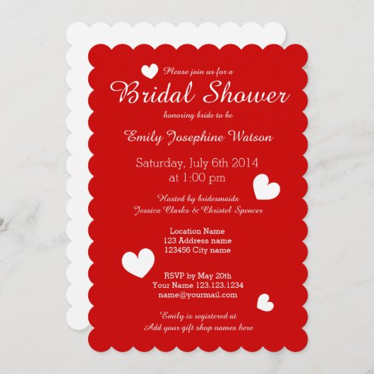 ハートを持つ赤く及び白いブライダルシャワー招待状 招待状 (正面/裏面)