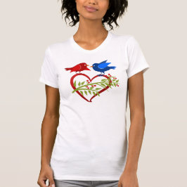 ハートを持つ青と赤のインコ Tシャツ