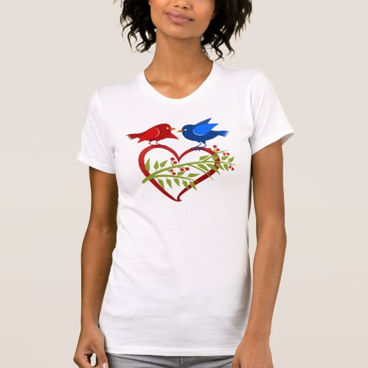 ハートを持つ青と赤のインコ Tシャツ (正面)