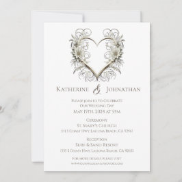 ハートを添えたモダンな花のウェディング 招待状