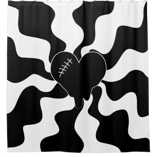 ハートを白黒で溶融 シャワーカーテン (正面)