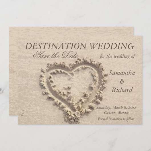 ハートを砂にエッチング – セーブ・ザ・デート案内 招待状 (正面/裏面)