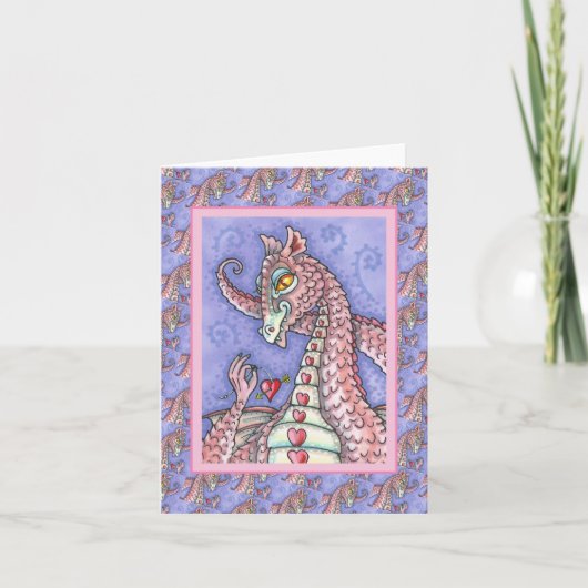 ハートを糸でつなぐピンクのドラゴン バレンタイン, ファンタジー カード (正面)