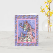 ハートを糸でつなぐピンクのドラゴン バレンタイン ファンタジー カード (黄色い花)