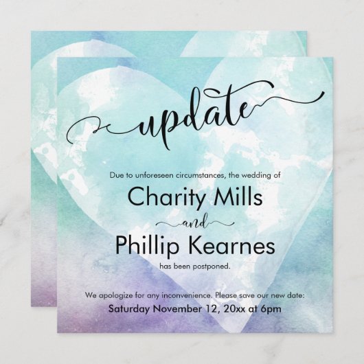 ハートアクアパープル延期結婚式お知らせカード (正面/裏面)