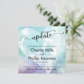 ハートアクアパープル延期結婚式お知らせカード (スタンド正面)